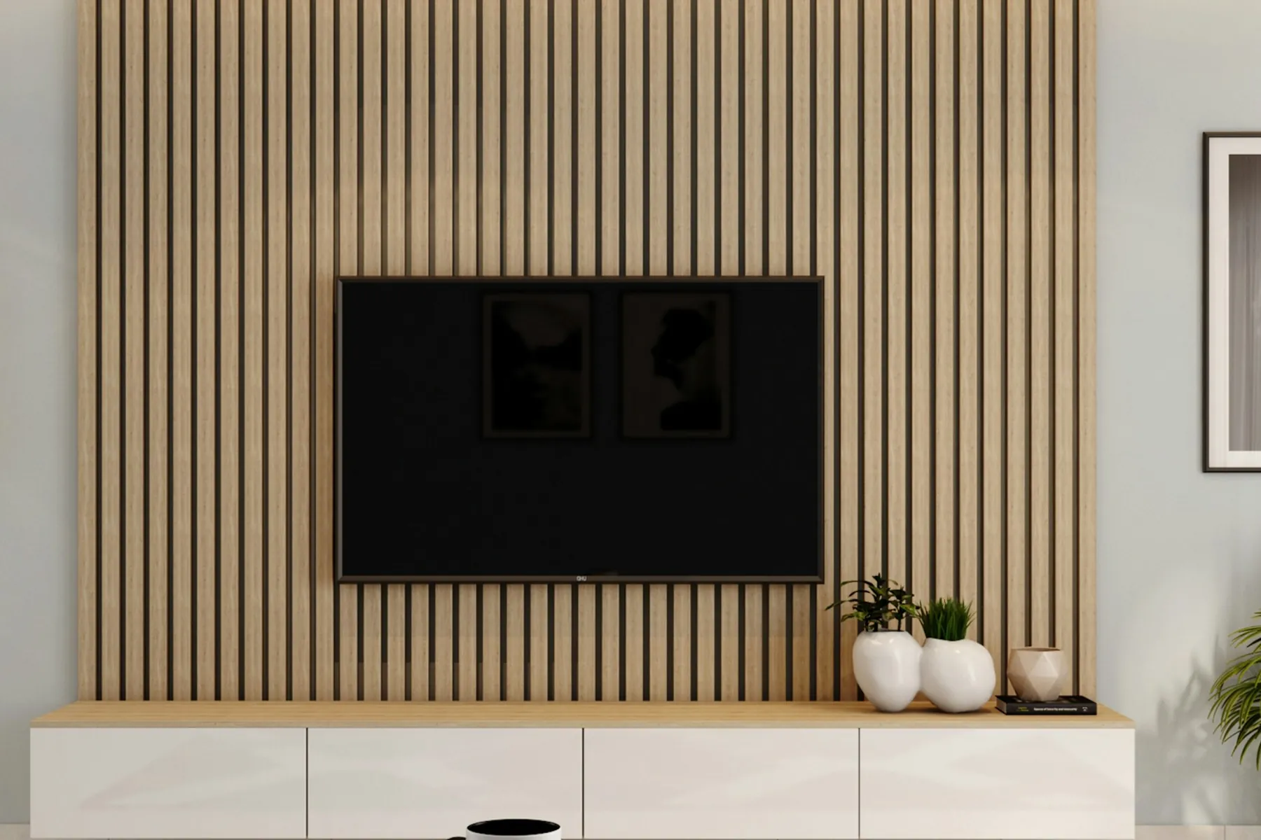 After: living room with a floor-to-ceiling wood slat feature wall and floating media unit