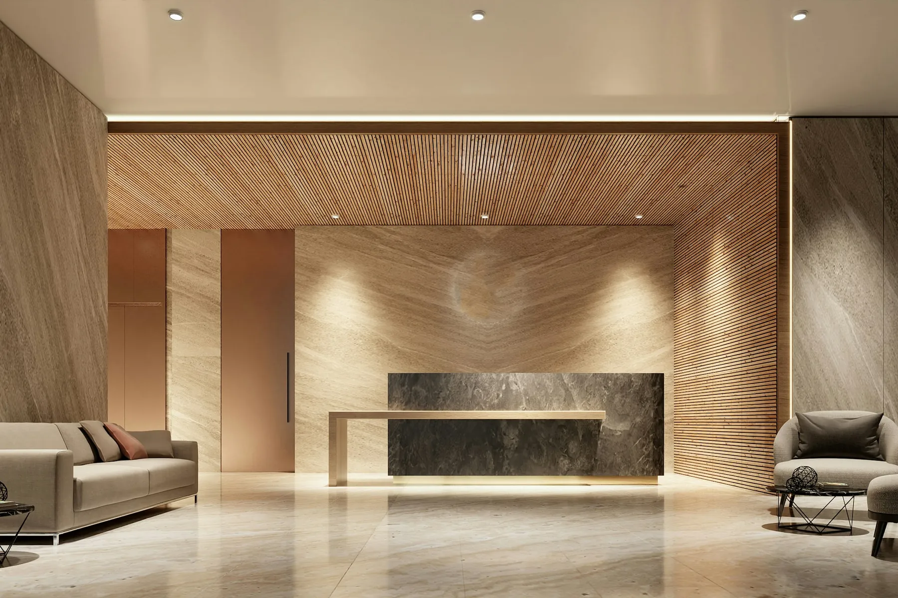 After: office lobby with a stone and wood-panel feature wall and reception desk